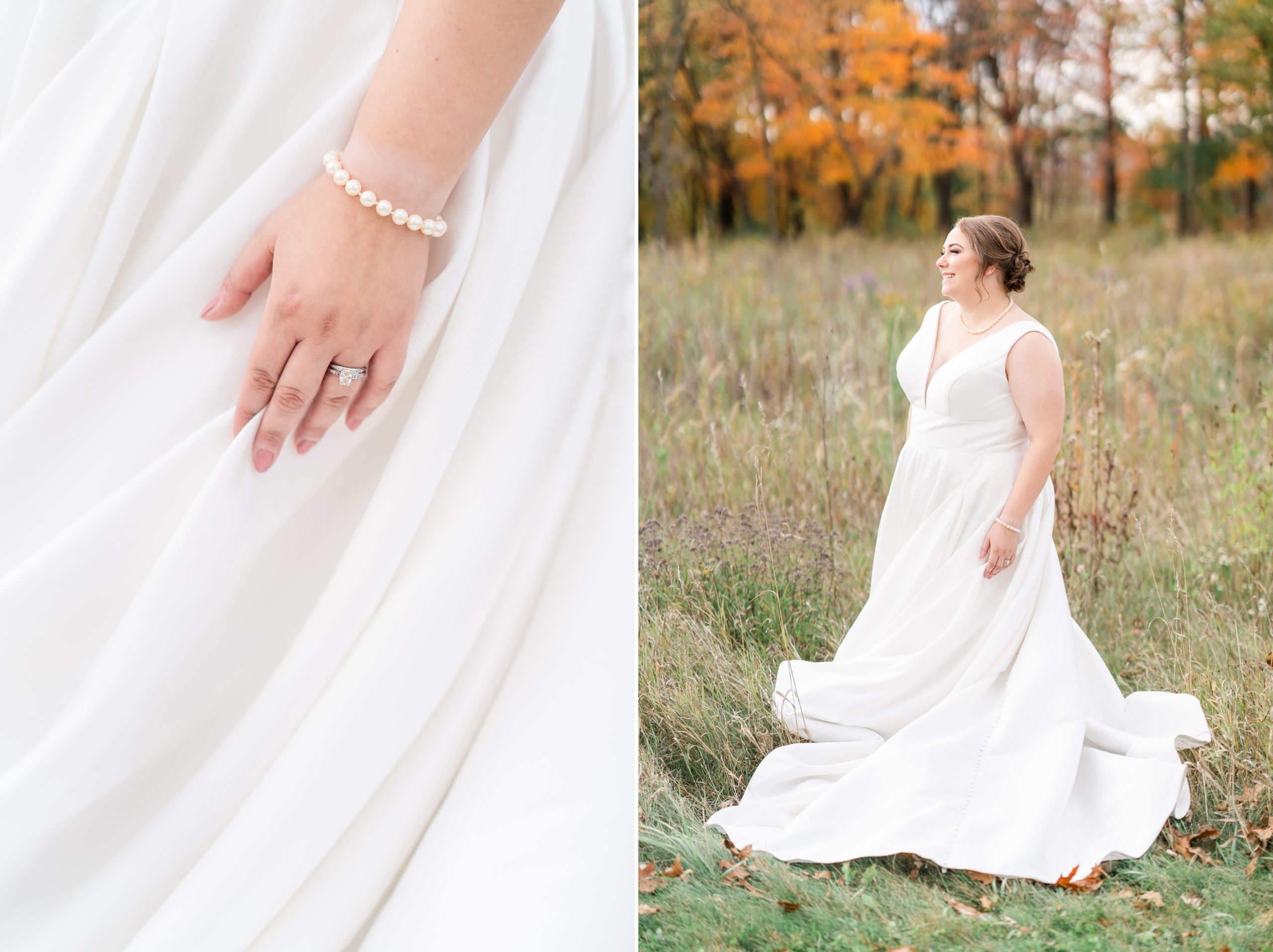 Bridal portraits in meadow fall wedding Northfield Minnesota