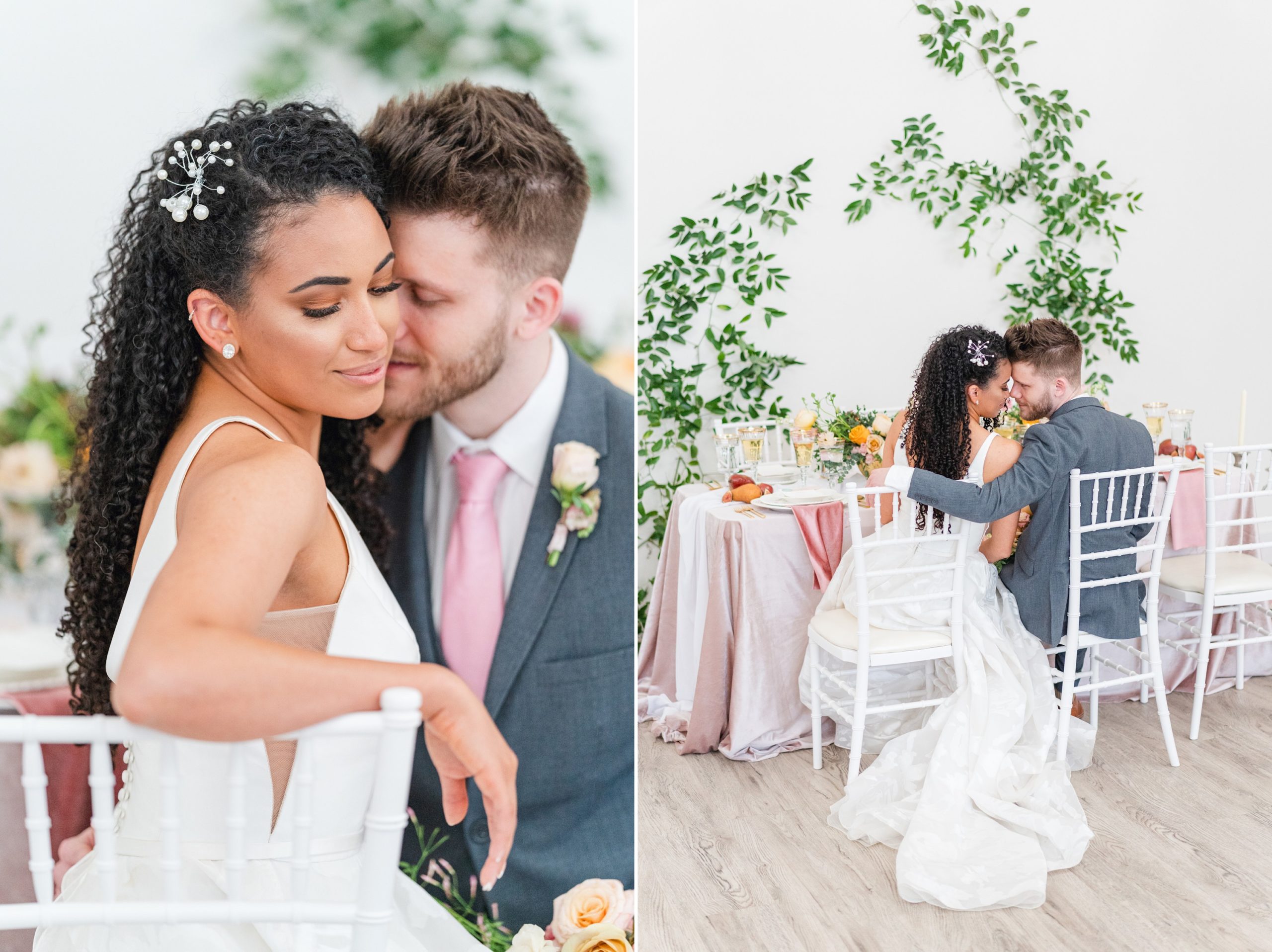 Bride-and-groom-at-reception-table-elegant-wedding